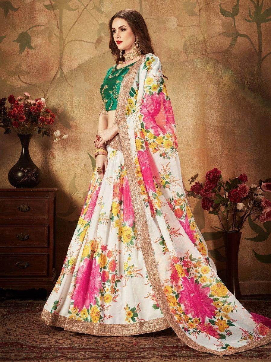 Off-White Floral Digital Printed Organza Bridal Lehenga Choli - Zeel Clothing