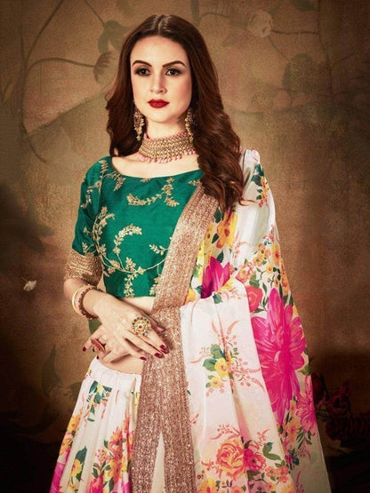 Off-White Floral Digital Printed Organza Bridal Lehenga Choli - Zeel Clothing