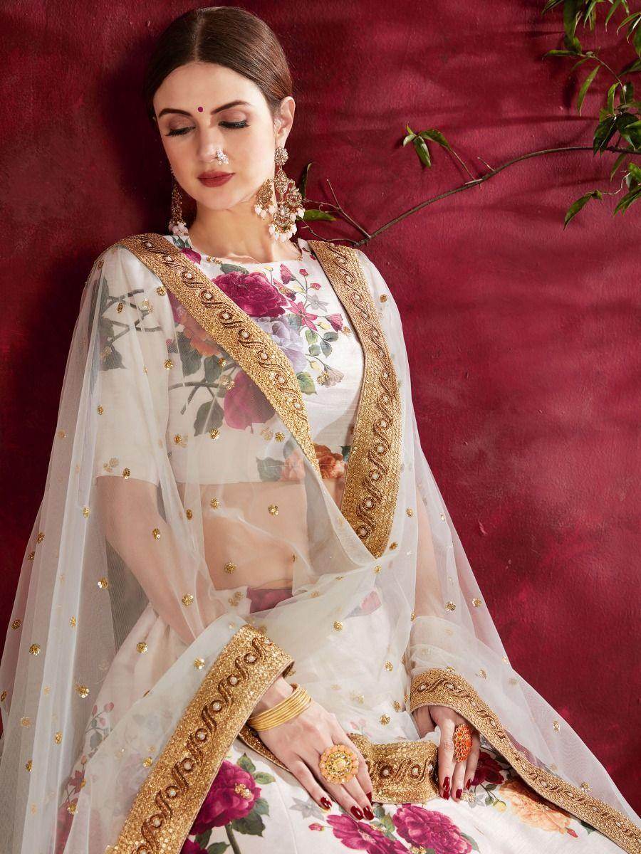 Off-White Floral Print Banglori Silk Wedding Wear Lehenga Choli - Zeel Clothing
