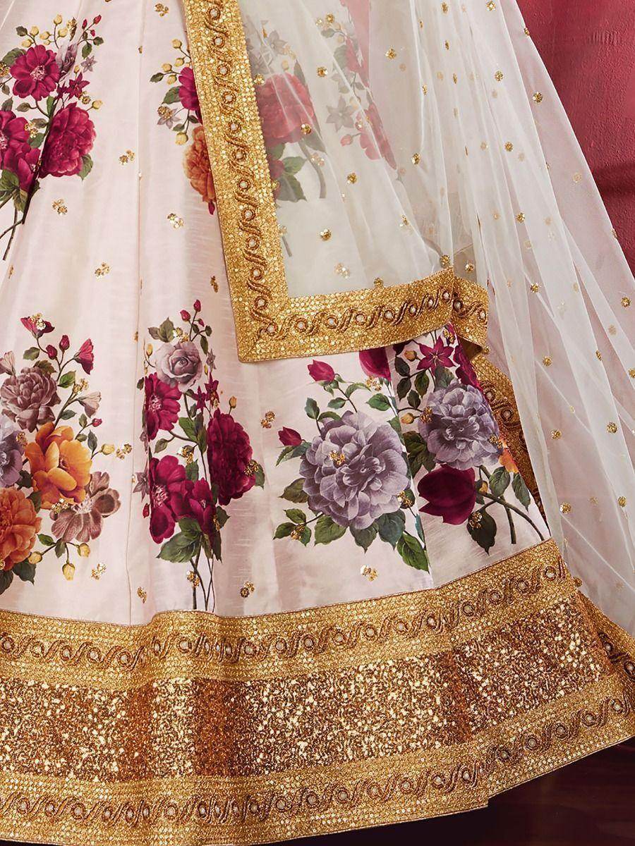 Off-White Floral Print Banglori Silk Wedding Wear Lehenga Choli - Zeel Clothing