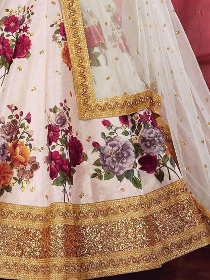 Off-White Floral Print Banglori Silk Wedding Wear Lehenga Choli - Zeel Clothing