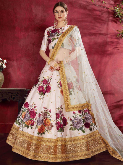 Off-White Floral Print Banglori Silk Wedding Wear Lehenga Choli - Zeel Clothing
