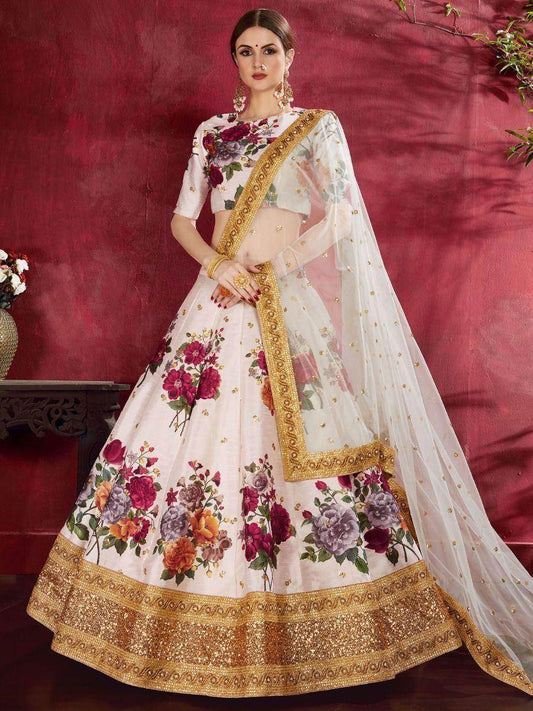 Off-White Floral Print Banglori Silk Wedding Wear Lehenga Choli - Zeel Clothing