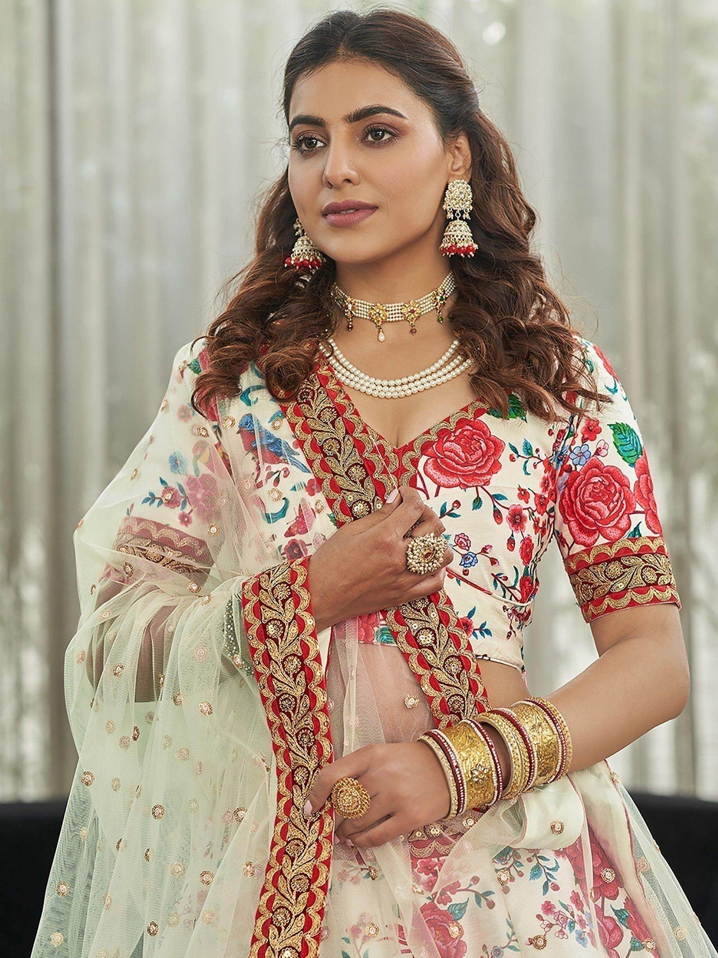 Off-White Floral Printed Art Silk Wedding Wear Lehenga Choli - Zeel Clothing