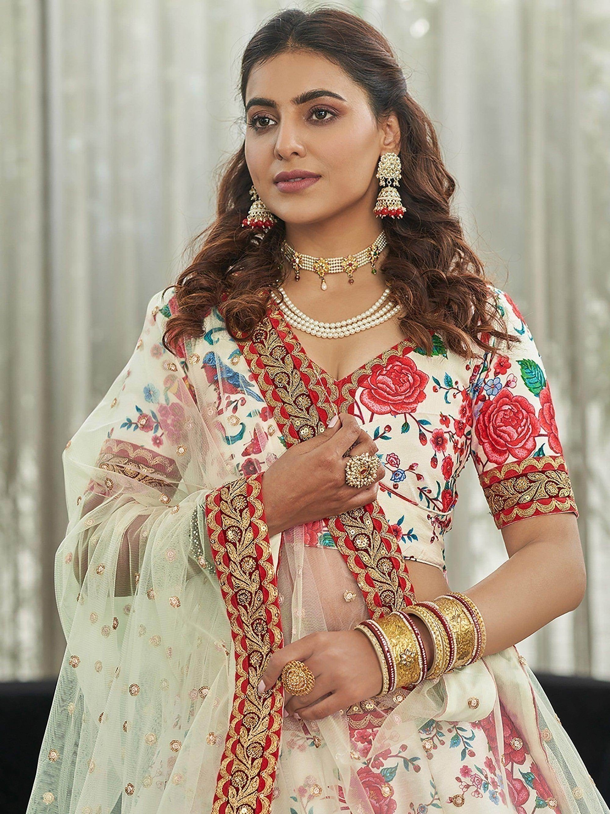 Off-White Floral Printed Art Silk Wedding Wear Lehenga Choli - Zeel Clothing