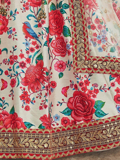 Off-White Floral Printed Art Silk Wedding Wear Lehenga Choli - Zeel Clothing