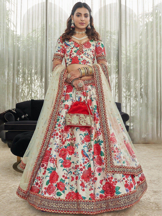 Off-White Floral Printed Art Silk Wedding Wear Lehenga Choli - Zeel Clothing