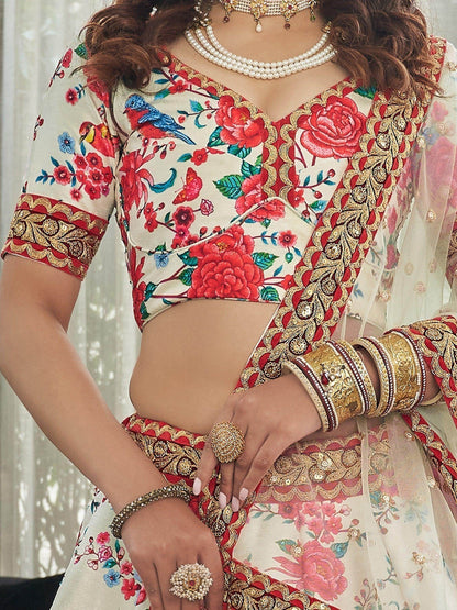 Off-White Floral Printed Art Silk Wedding Wear Lehenga Choli - Zeel Clothing