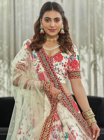 Off-White Floral Printed Art Silk Wedding Wear Lehenga Choli - Zeel Clothing