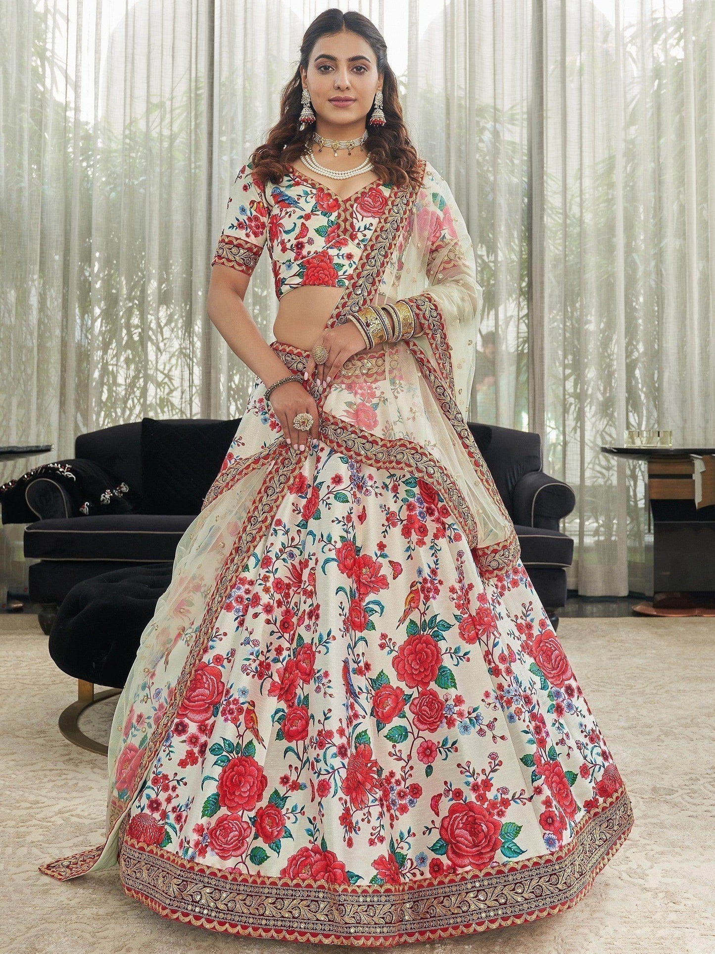 Off-White Floral Printed Art Silk Wedding Wear Lehenga Choli - Zeel Clothing