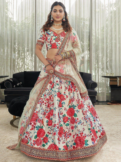 Off-White Floral Printed Art Silk Wedding Wear Lehenga Choli - Zeel Clothing