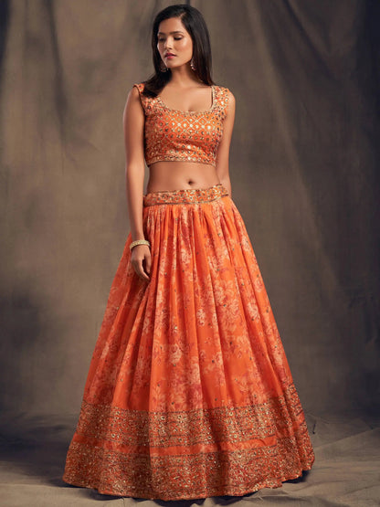 Orange Floral Printed Organza Festival Lehenga Choli - Zeel Clothing