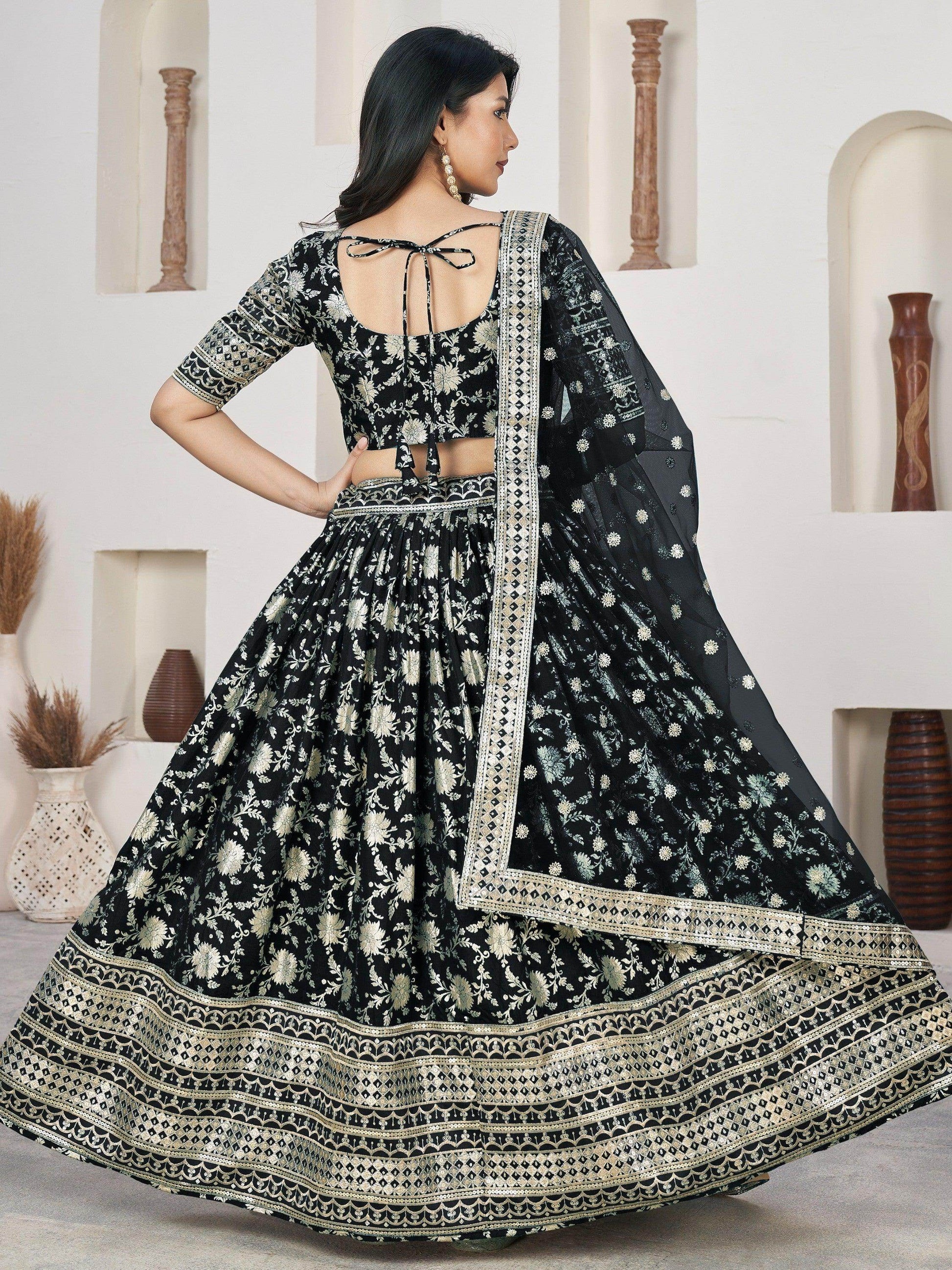Outlandish Black Zari Work Jacquard Reception Wear Lehenga Choli - Zeel Clothing