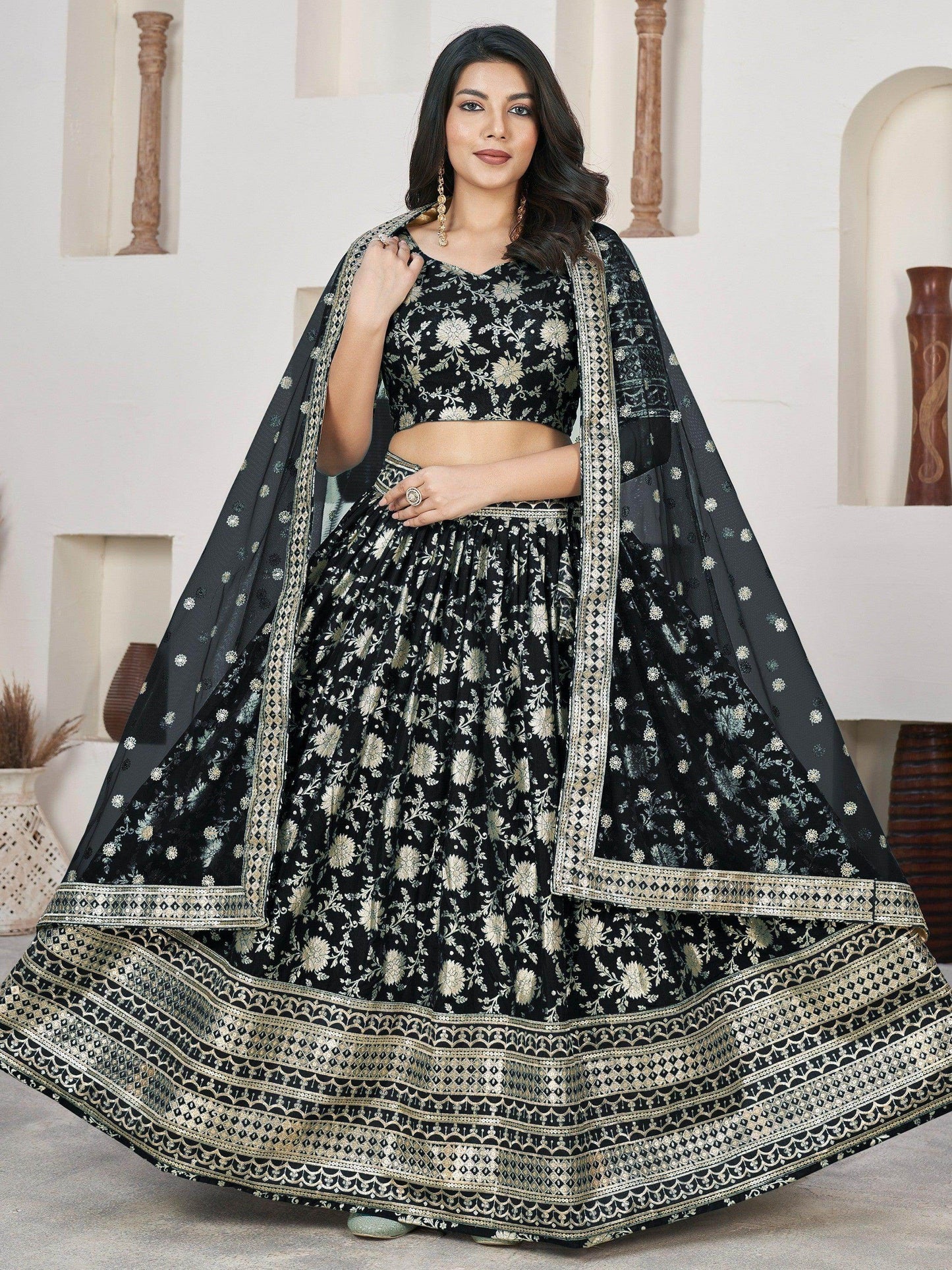 Outlandish Black Zari Work Jacquard Reception Wear Lehenga Choli - Zeel Clothing