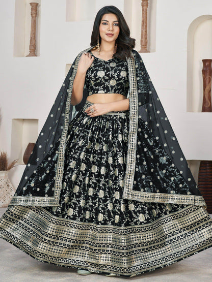 Outlandish Black Zari Work Jacquard Reception Wear Lehenga Choli - Zeel Clothing