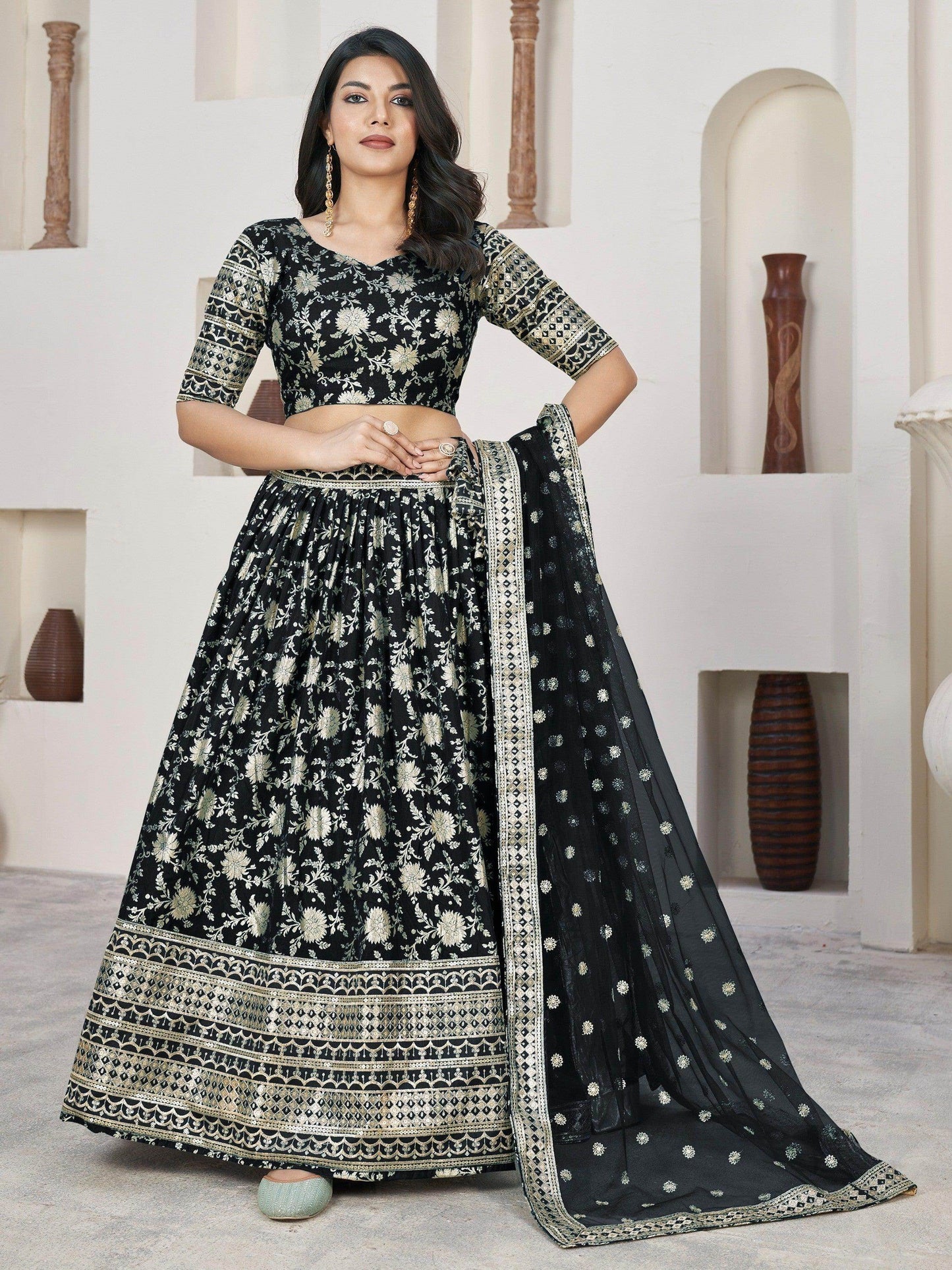 Outlandish Black Zari Work Jacquard Reception Wear Lehenga Choli - Zeel Clothing
