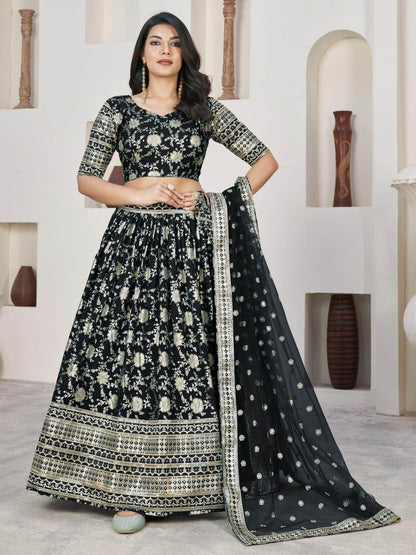 Outlandish Black Zari Work Jacquard Reception Wear Lehenga Choli - Zeel Clothing