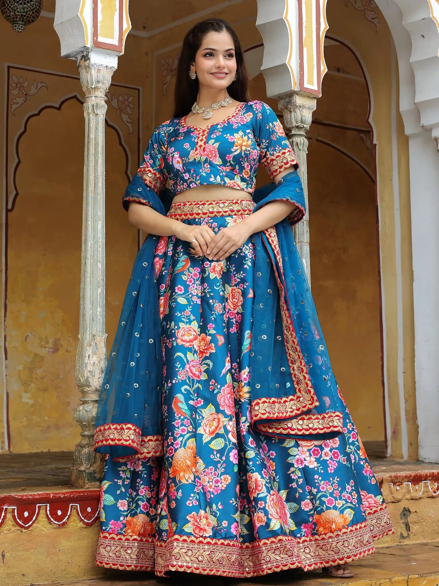 Outstanding Blue Floral Printed Art Silk Wedding Lehenga Choli - Zeel Clothing