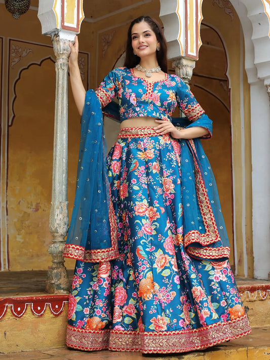 Outstanding Blue Floral Printed Art Silk Wedding Lehenga Choli - Zeel Clothing