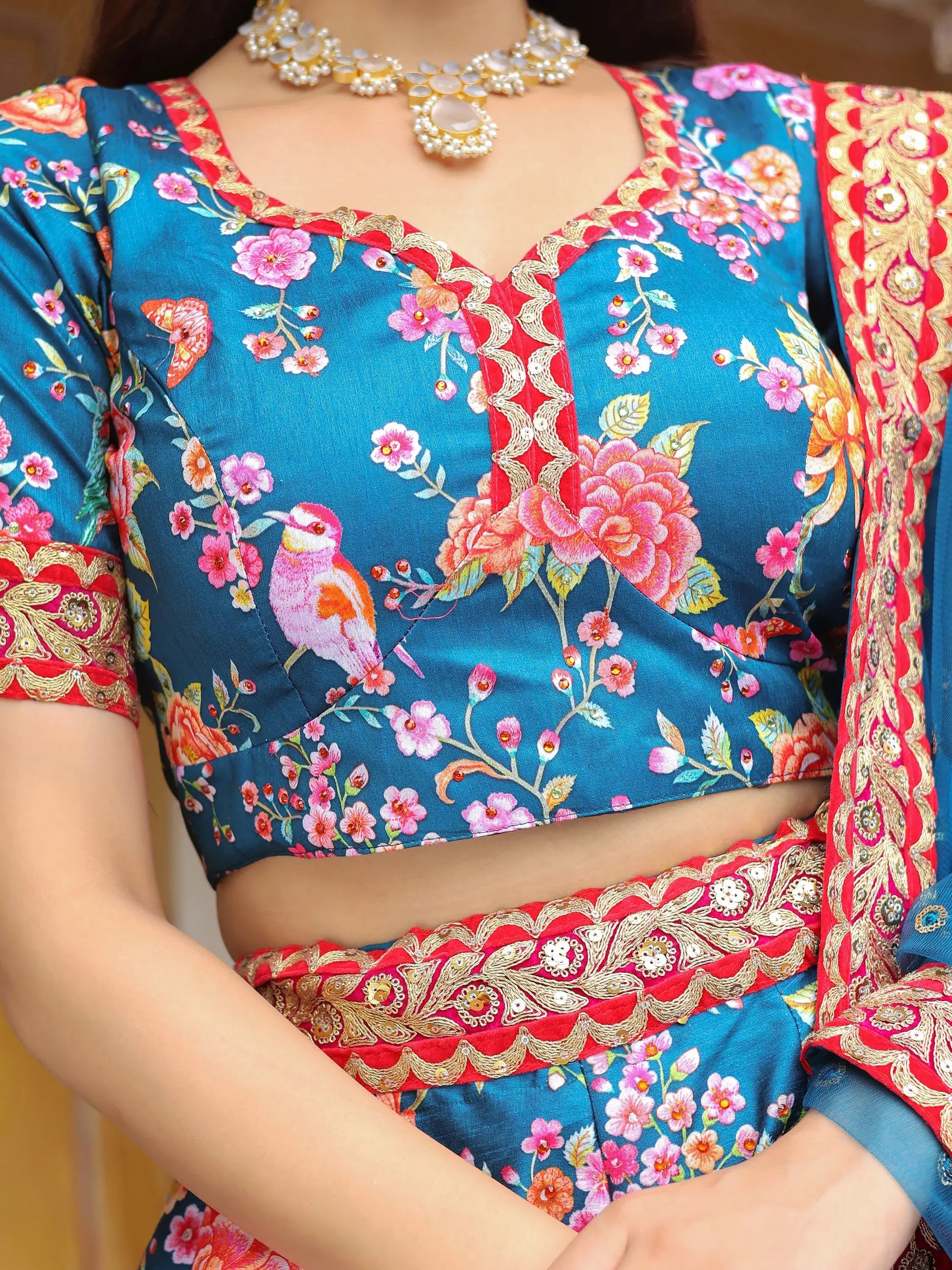 Outstanding Blue Floral Printed Art Silk Wedding Lehenga Choli - Zeel Clothing