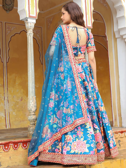 Outstanding Blue Floral Printed Art Silk Wedding Lehenga Choli - Zeel Clothing