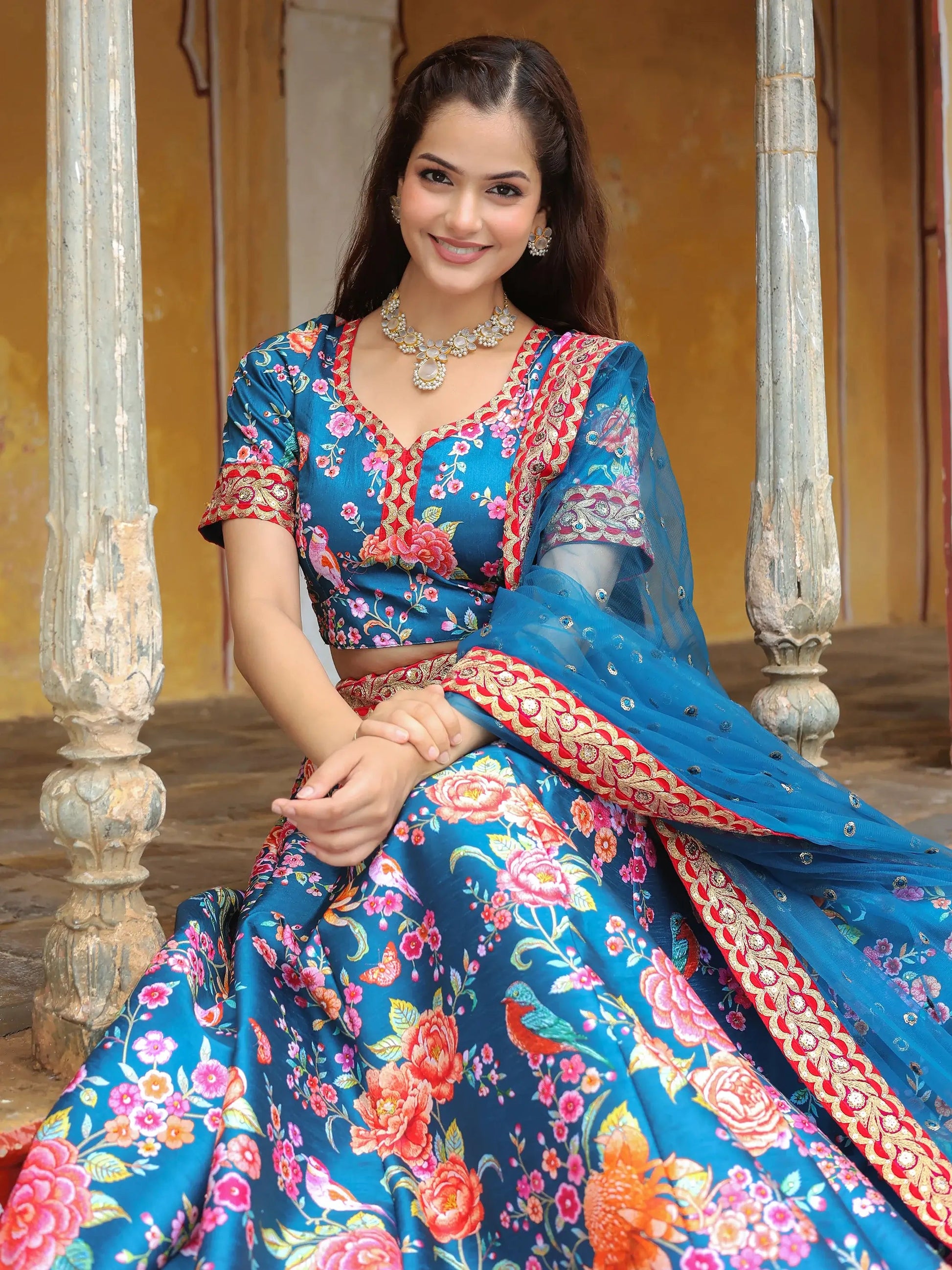 Outstanding Blue Floral Printed Art Silk Wedding Lehenga Choli - Zeel Clothing