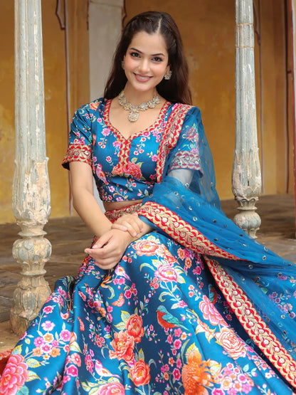 Outstanding Blue Floral Printed Art Silk Wedding Lehenga Choli - Zeel Clothing