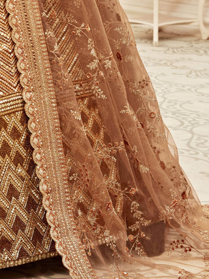 Outstanding Brown Embroidered Slub Silk Wedding Wear Lehenga Choli - Zeel Clothing