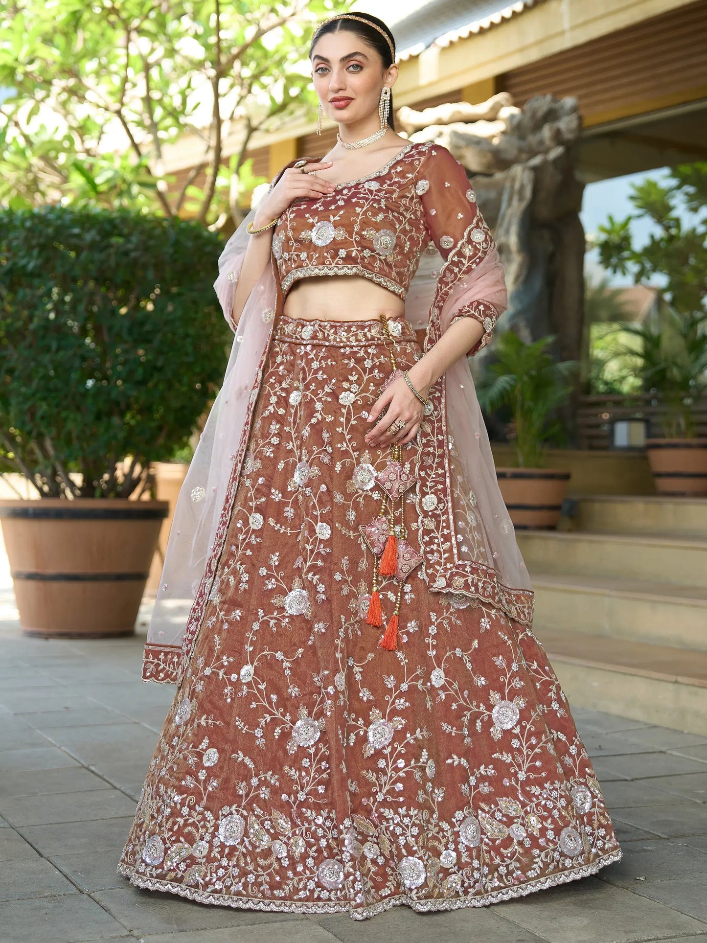 Outstanding Brown Sequins Silk Engagement Wear Lehenga Choli - Zeel Clothing