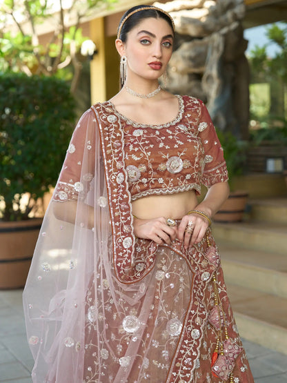 Outstanding Brown Sequins Silk Engagement Wear Lehenga Choli - Zeel Clothing