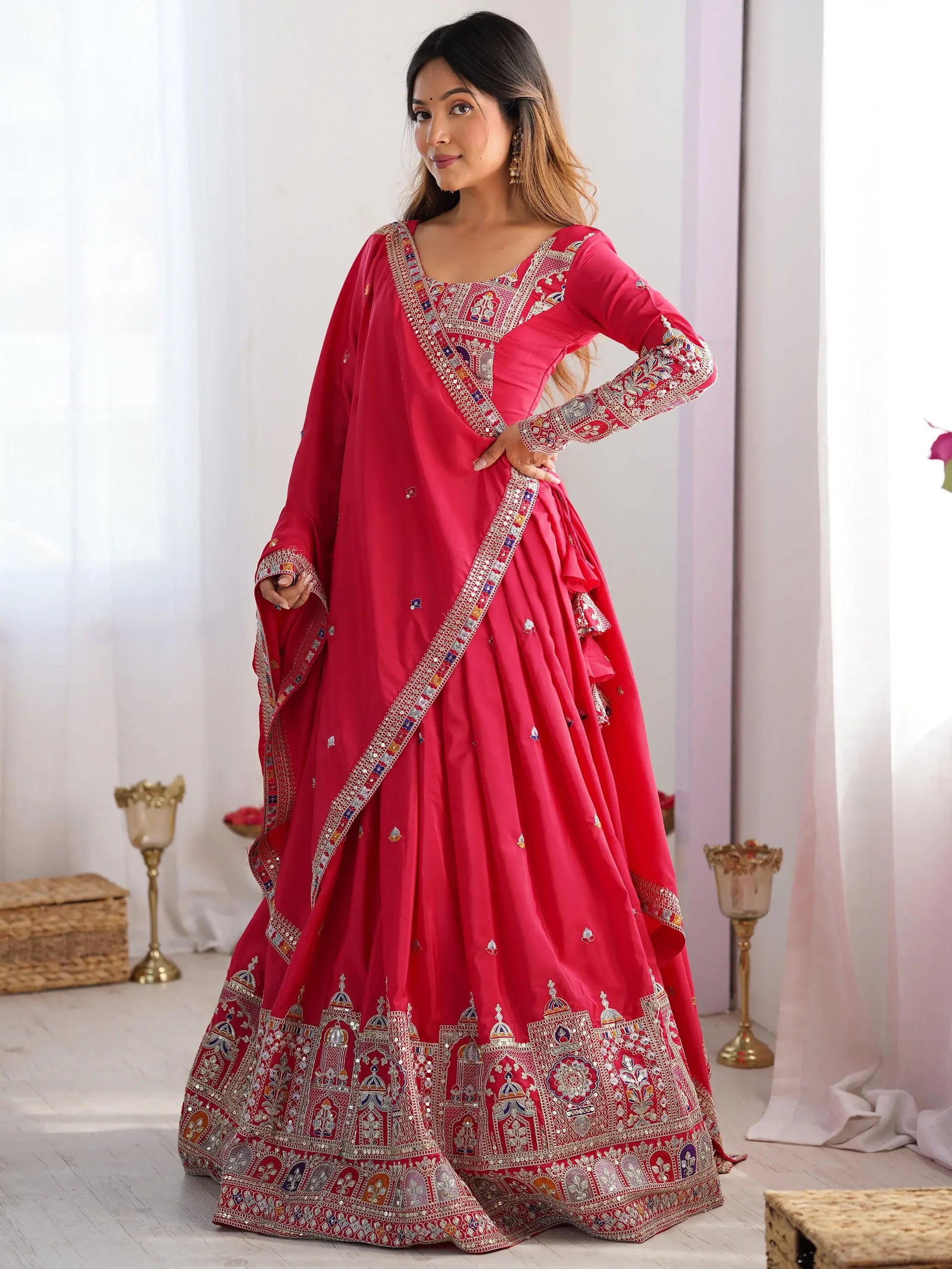 Outstanding Red Sequins Silk Wedding Wear Lehenga Choli With Dupatta - Zeel Clothing