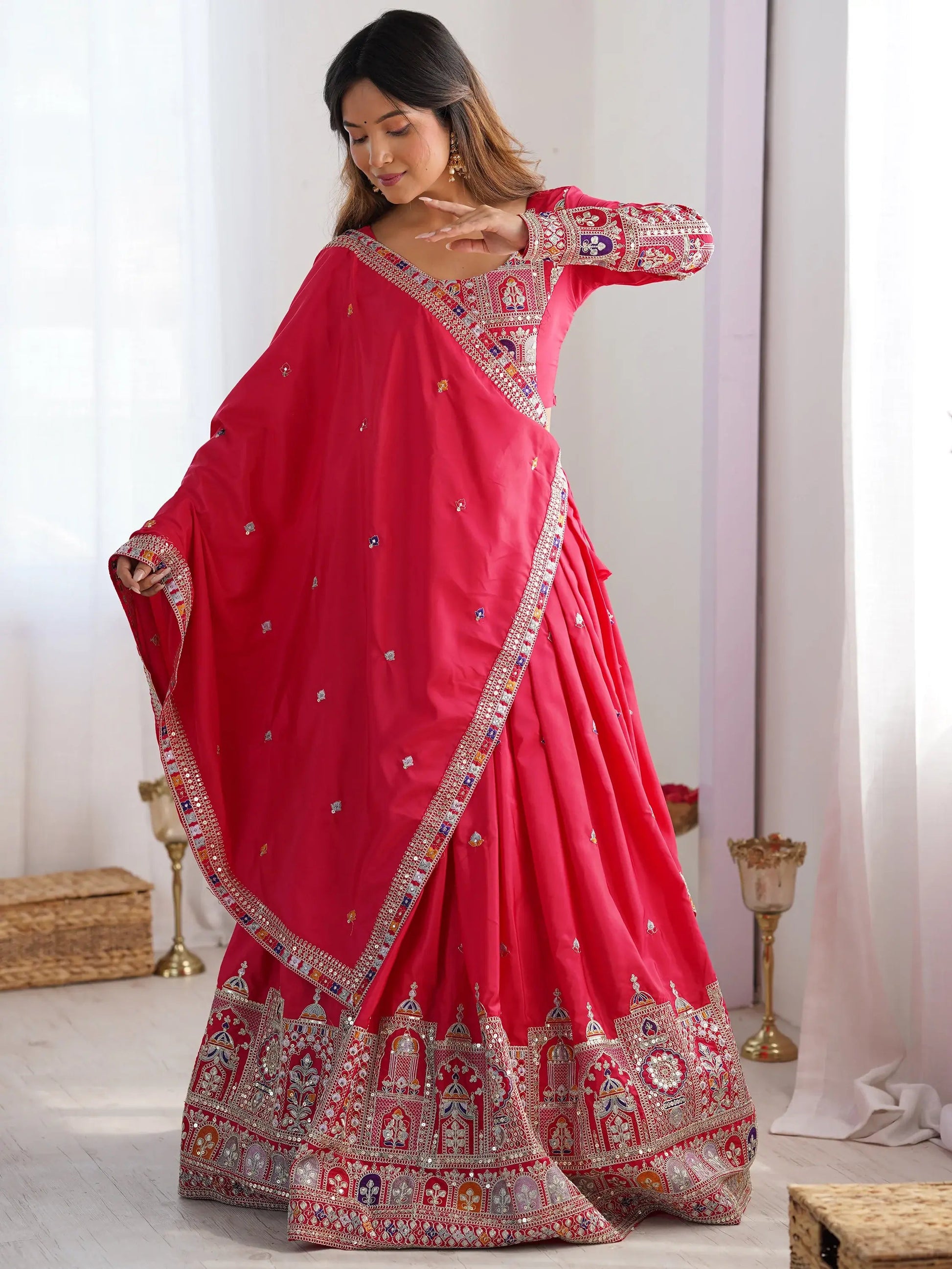Outstanding Red Sequins Silk Wedding Wear Lehenga Choli With Dupatta - Zeel Clothing
