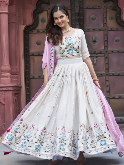 Fantastic Off-White Floral Embroidery Tissue Designer Lehenga Choli With Pink Dupatta