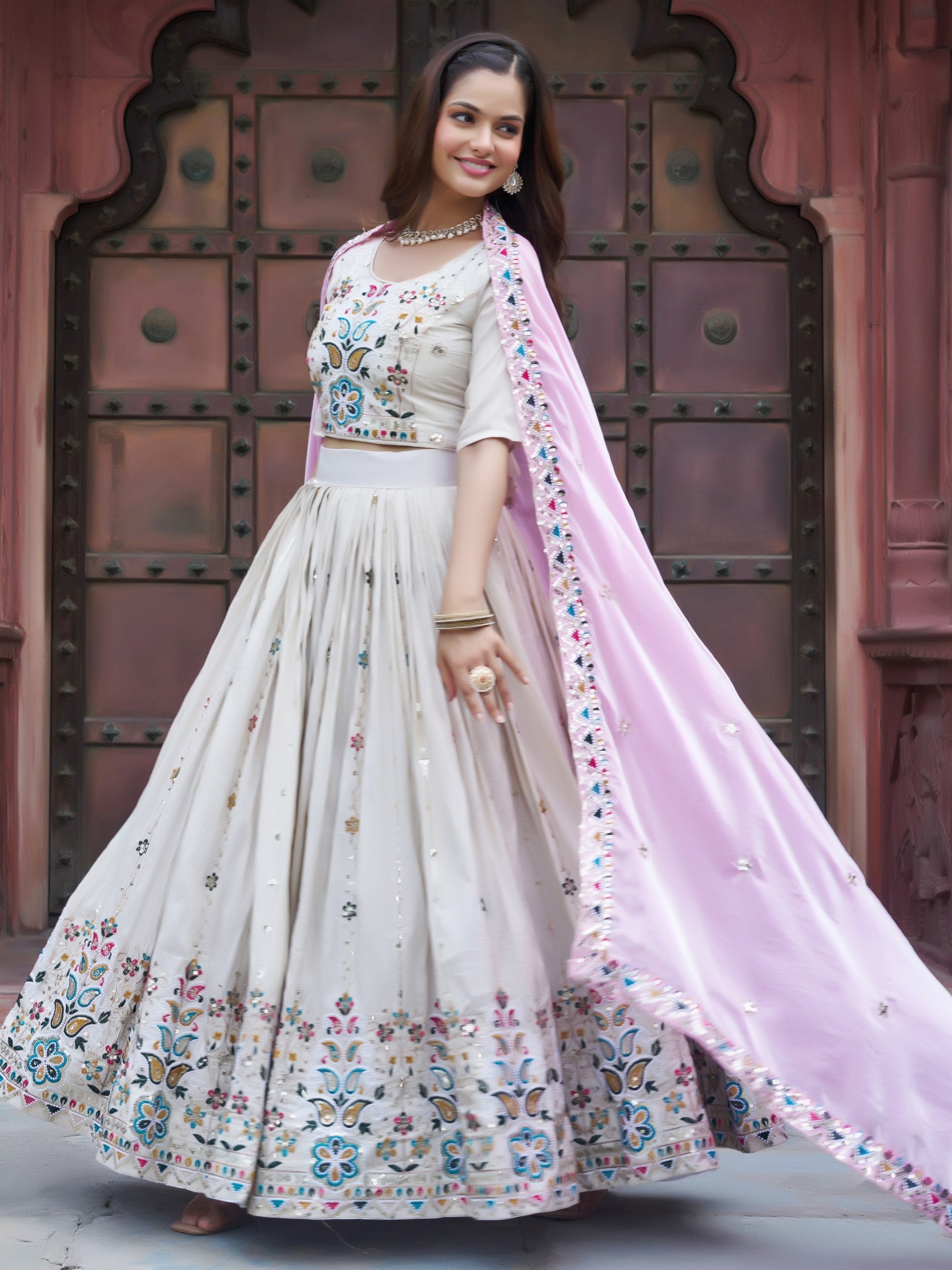 Fantastic Off-White Floral Embroidery Tissue Designer Lehenga Choli With Pink Dupatta