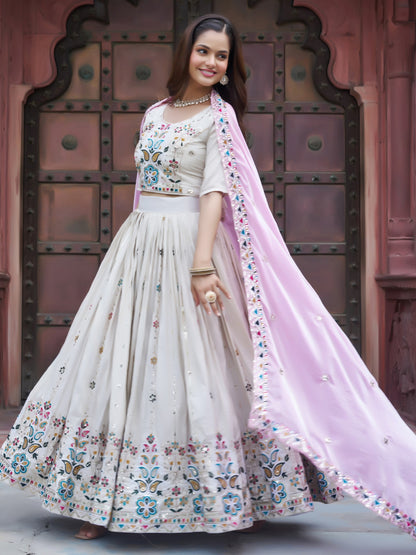 Fantastic Off-White Floral Embroidery Tissue Designer Lehenga Choli With Pink Dupatta
