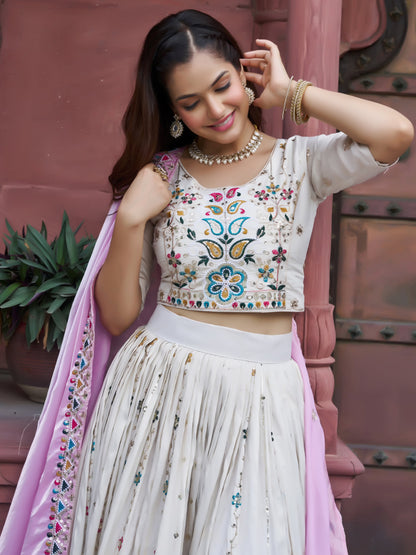 Fantastic Off-White Floral Embroidery Tissue Designer Lehenga Choli With Pink Dupatta