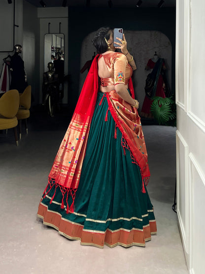 Green Color Zari Weaving With Lace Border Vichitra Silk Lehenga Choli