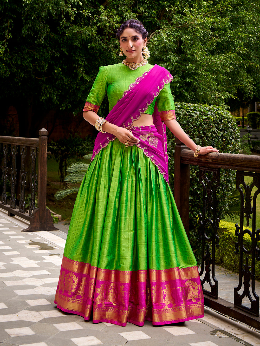 Parrot Color Zari Weaving Work Poly Cotton Lehenga Choli