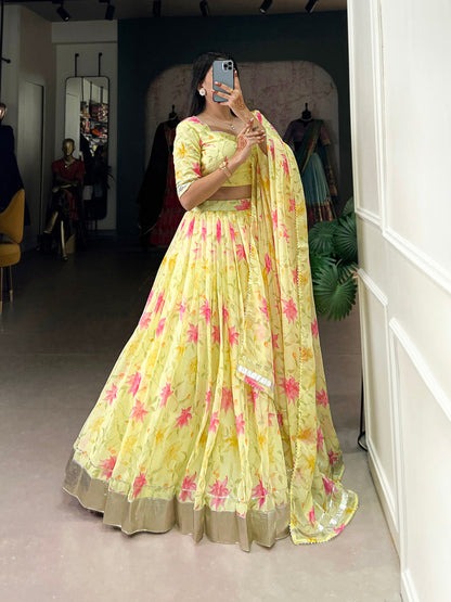 Yellow Color Floral Print With Lace Border Tabby Silk Lehenga Choli