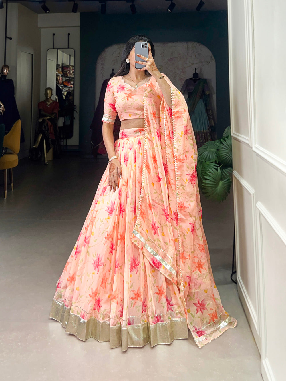 Peach Color Floral Print With Lace Border Tabby Silk Lehenga Choli