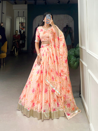 Peach Color Floral Print With Lace Border Tabby Silk Lehenga Choli
