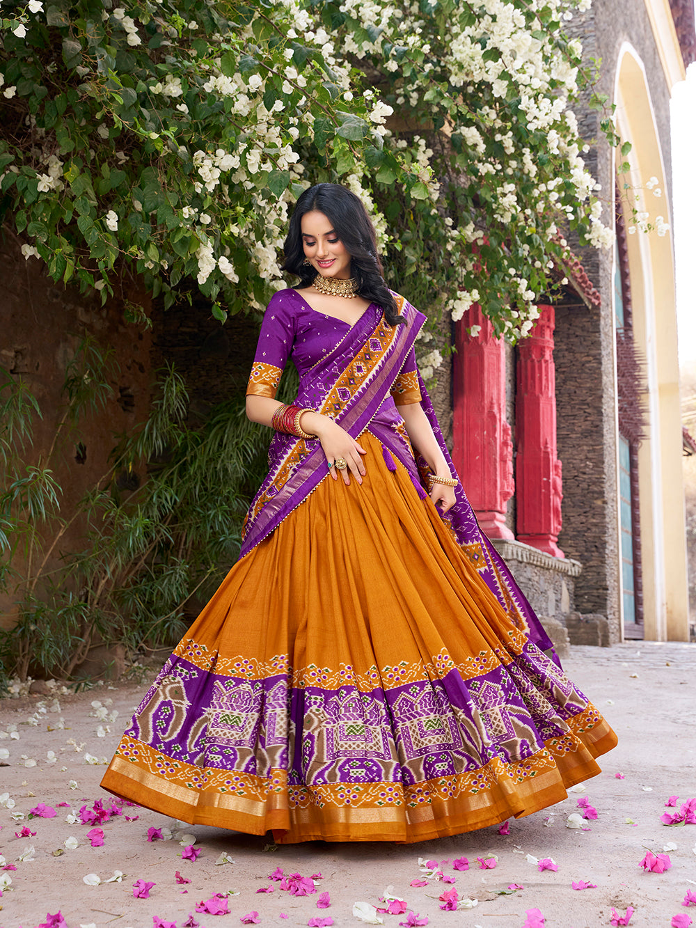 Mustard Color Patola Printed Tussar Silk Lehenga Choli