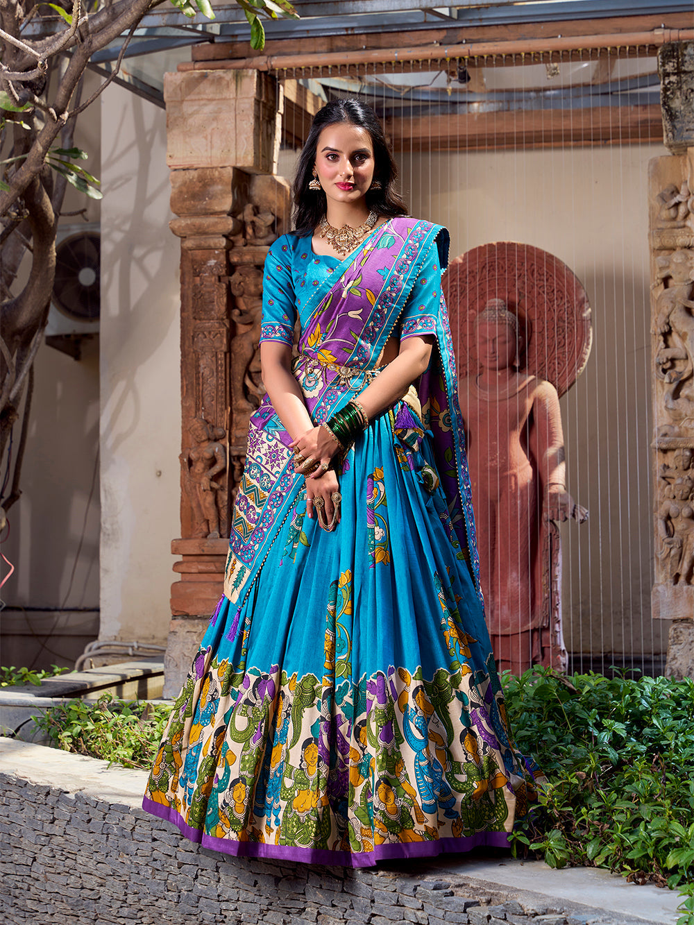 Firozi Color Kalamkari Print With Foil Work Tussar Silk Lehenga Choli