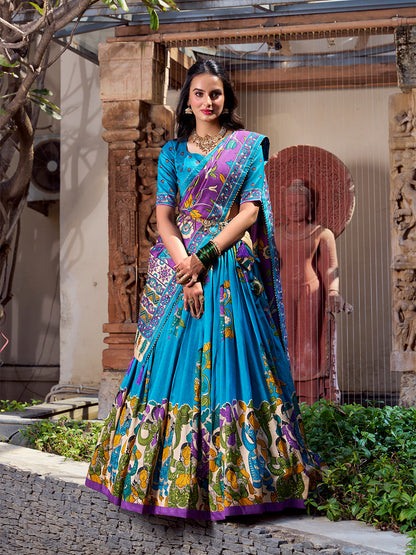 Firozi Color Kalamkari Print With Foil Work Tussar Silk Lehenga Choli