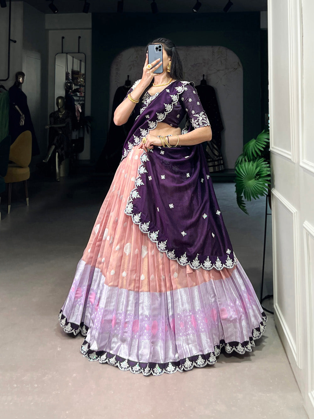 Peach Color Zari Weaving Work Sequins And Embroidery Border With Zari Kota Women Wear