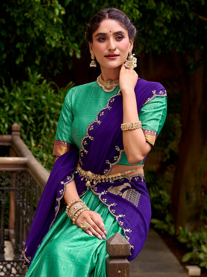 Bottle Green Color Zari Weaving Work Poly Cotton Lehenga Choli