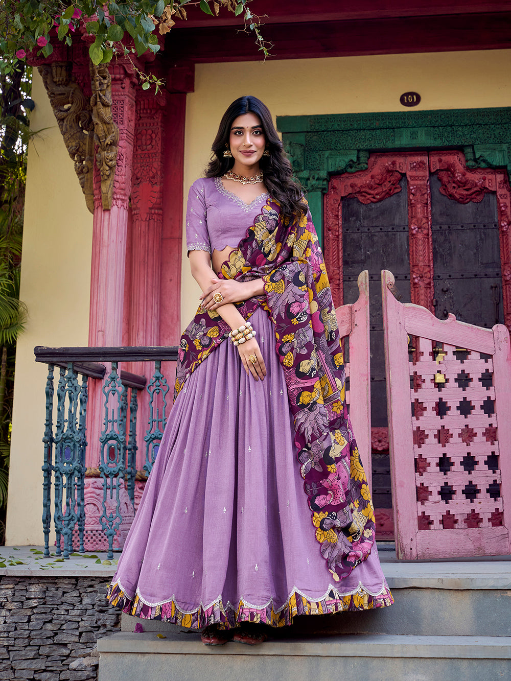 Lavender Color Sequins And Thread Embroidery Work Vichitra Silk Lehenga