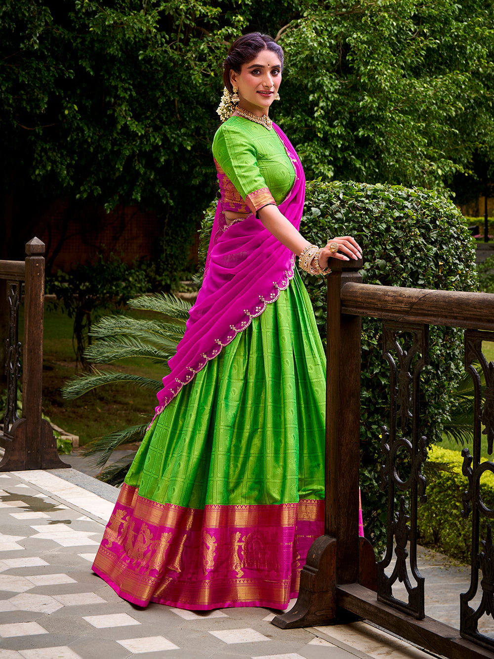 Parrot Color Zari Weaving Work Poly Cotton Lehenga Choli