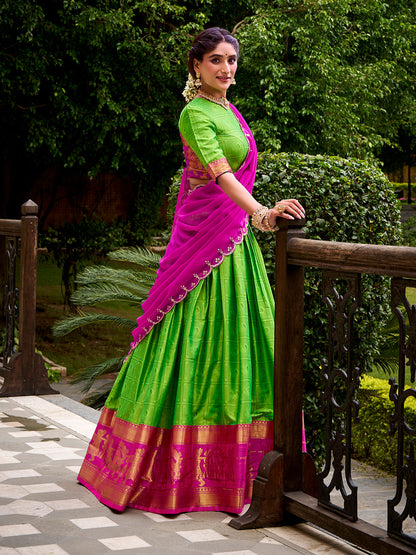 Parrot Color Zari Weaving Work Poly Cotton Lehenga Choli