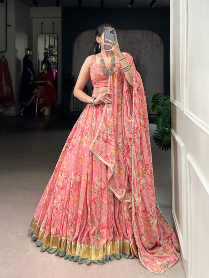 Peach Color Floral And Foil Print With Embossed Design Chiffon Ghaghra choli